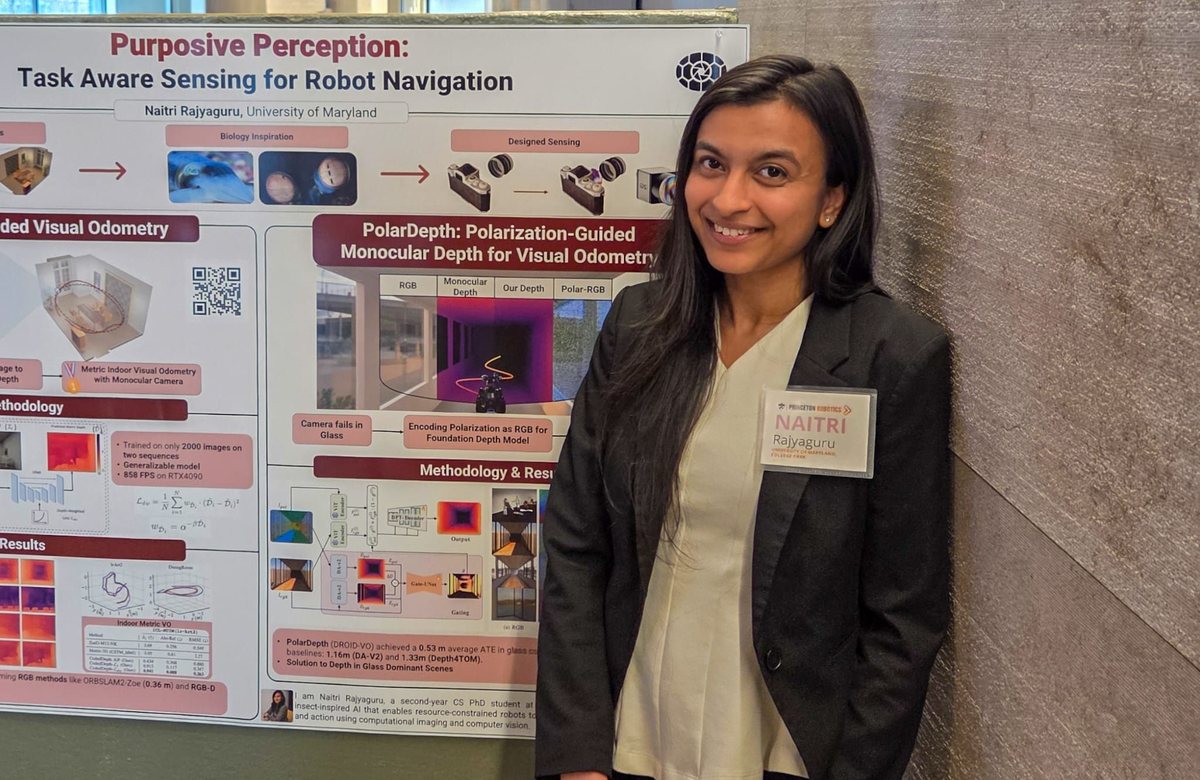 Naitri Rajyaguru beside the Purposive Perception poster at the Princeton Robotics Symposium