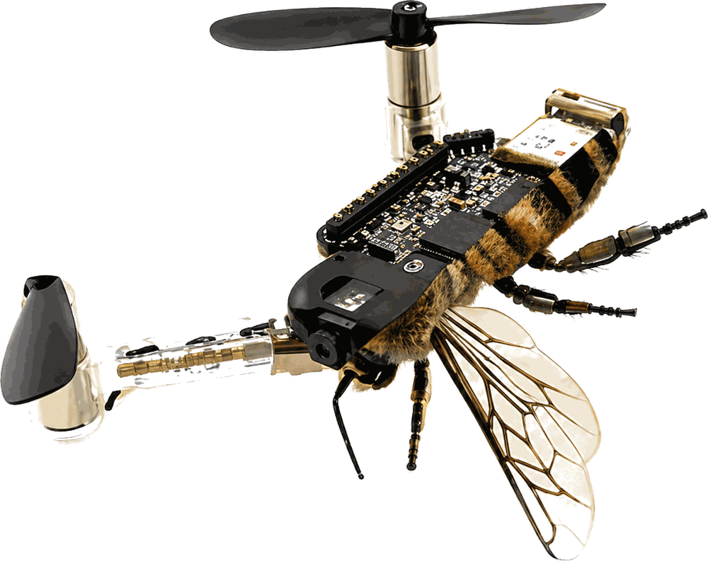 A honeybee and a palm-sized quadrotor rendered as one machine